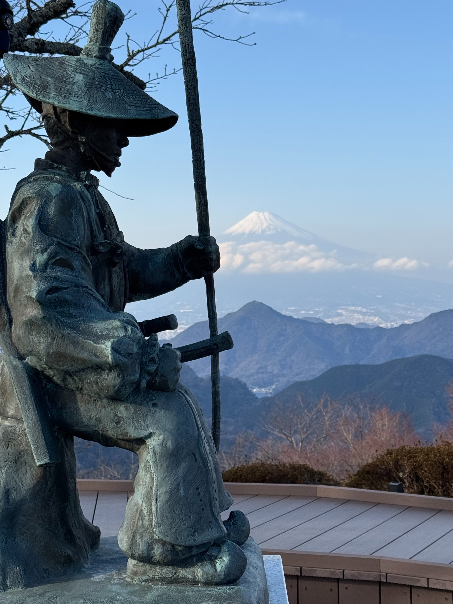Historic statue with Mount Fuji at Izu Panorama Park